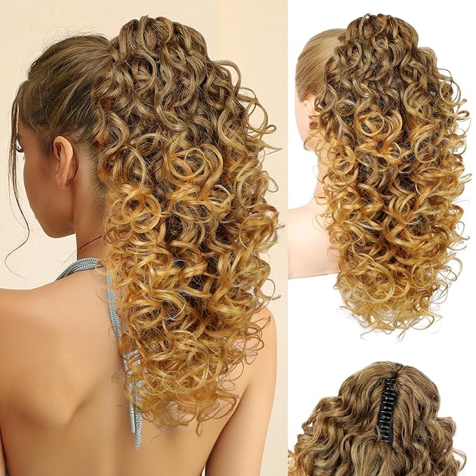 FLUFYMOOZ 100％ Pure Protein Ponytail Extension, 18 Inch Curly Claw Clip Ponytail Hair Extensions Natural Soft pony tail hairpiece for women-Medium Brown with Golden Blonde
