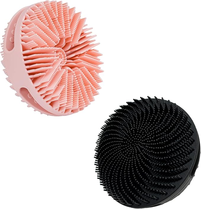 2 PC Silicone Exfoliating Body Scrubber, Silicone Body Shampoo Brush, Soft Silicone Loofah for Sensitive Skin, Shower Silicone Hair Scalp Massager, Easy to Clean, Lather Well(Pink&Black)