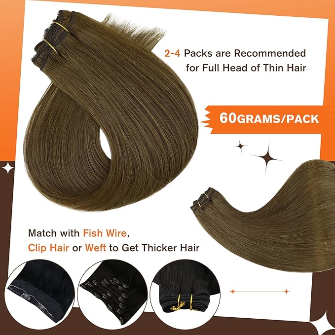 Full Shine Brown Human Hair Extensions 16 Inch Real Human Hair Extensions Clip in Extensions Straight Remy Hair Medium Brown Brazilian Clip in Real Hair Natural Extensions 60 Grams 3Pcs