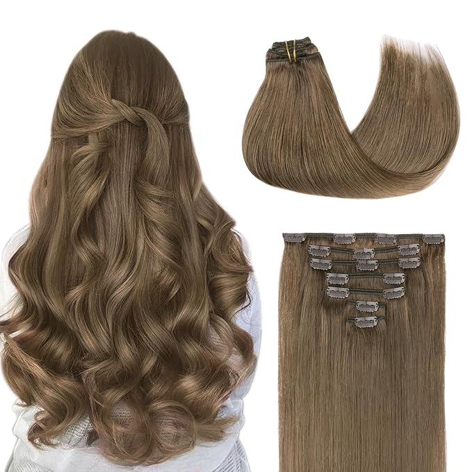 GOO GOO Clip in Hair Extensions Real Human Hair, Remy Human Hair Extensions Clip ins for Women, Natural Human Hair, 16inch 120g 7Pcs, 5 Light Ash Brown