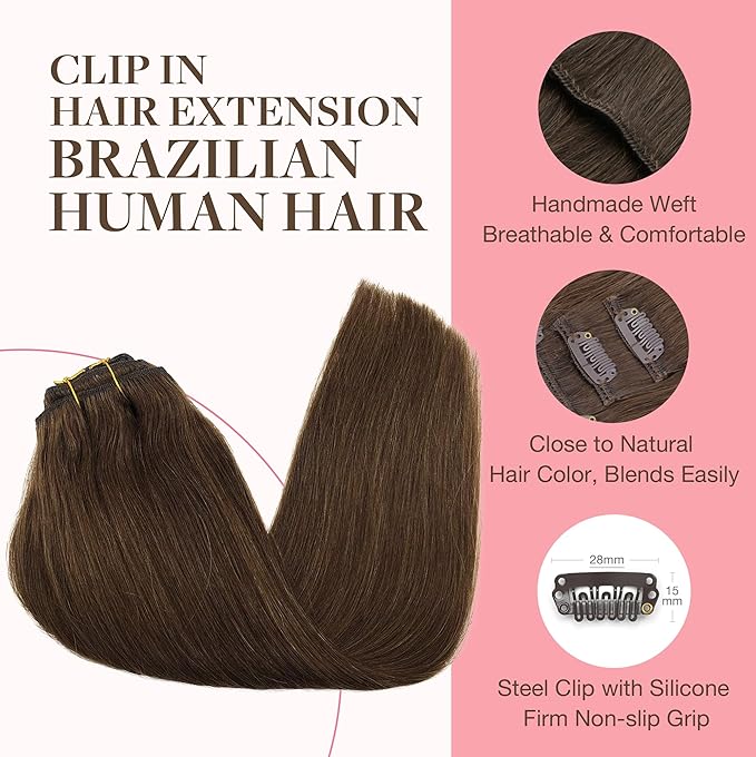 GOO GOO Clip in Hair Extensions Real Human Hair, Remy Human Hair Extensions Clip ins for Women, Natural Human Hair, 18inch 180g 7Pcs, #4A Chocolate Brown