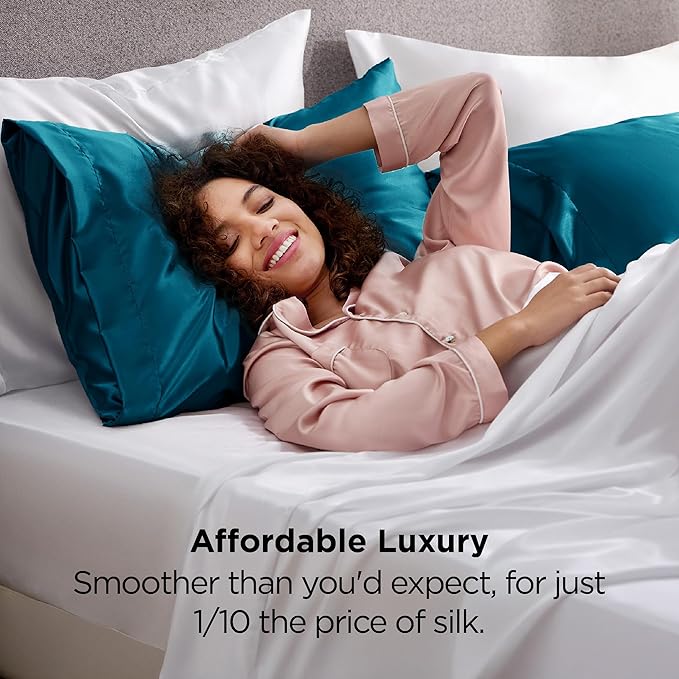 Bedsure King Size Satin Pillowcase Set of 2 - Teal Silky Pillow Cases for Hair and Skin with Envelope Closure, Similar to Silk Pillow Cases, Gifts for Women Men, 20x36 Inches, 2pcs