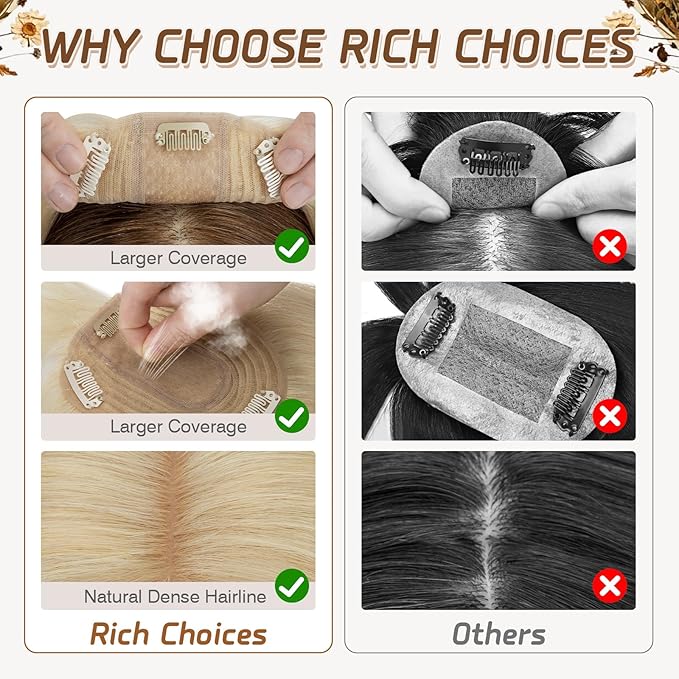 Rich Choices Real Human Hair Toppers for Women With Bang 100% Remy Human Hair Topper for Thinning Hair Clip in Silk Base Hair Topper 14 Inch #613 Bleach Blonde