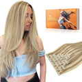 DOORES Hair Extensions Seamless Clip in Real Human Hair, Light Blonde Highlighted Golden Blonde 18 Inch 110g 7pcs, Human Hair Extensions Skin Weft Remy Straight Hair Invisi Edge Hair Extensions