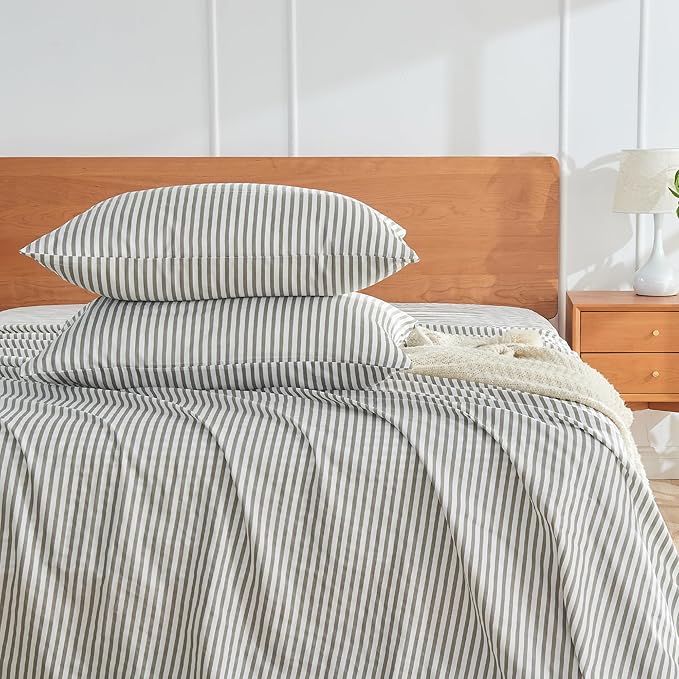 JELLYMONI 100% Natural Cotton Striped Queen Pillowcases Set, 2 Pack White and Grey Vertical Stripes Pattern Printed Pillow Covers with Envelope Closure(Pillows are not Included)