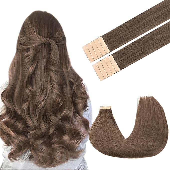 GOO GOO Tape in Hair Extensions Human Hair, 5 Light Ash Brown, 22inch 30g 10pcs, Skin Weft Seamless Invisible, Silky Straight with Thick Ends, Remy Human Hair