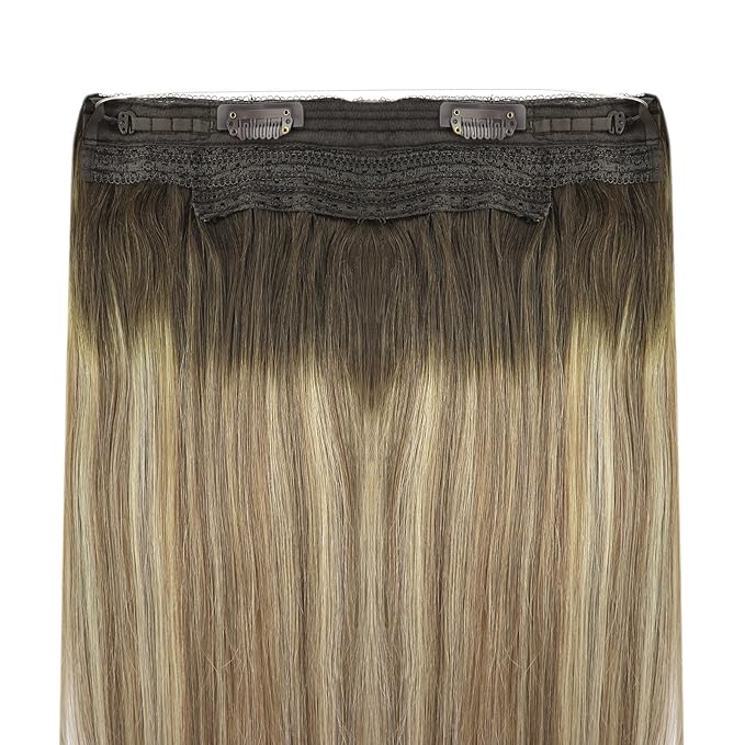 YoungSee Wire Human Hair Extensions Brown Blonde Invisible Wire Hair Extensions Real Human Hair Walnut Brown Ombre Blonde Highlight Remy Human Hair Fish Line Extensions 14Inch 80G