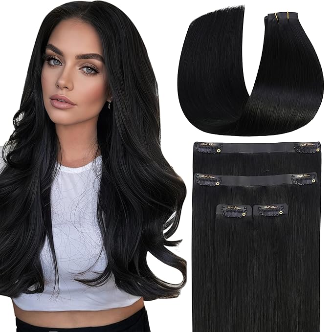 Full Shine Seamless Clip in Hair Extensions, 18Inch Thinning Hair Extensions Fill Ins, Black Clip in Hair Extensions Remy Human Hair for Women, Add Thickness Color1 4PCS 85g