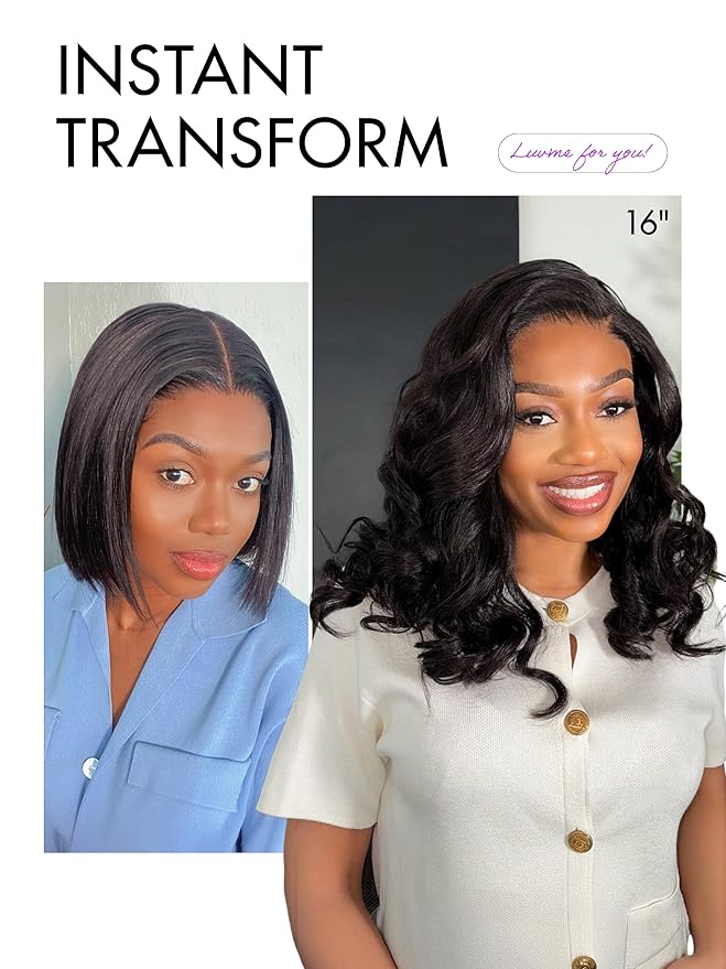 LUVME HAIR 100% Human Hair Wigs Loose Wave Glueless Lace Front 18 Inches, Pre Cut Plucked Hd Lace Short Wig Ready To Go Natural Color Straight Bleached Knots Side Part Black Wigs