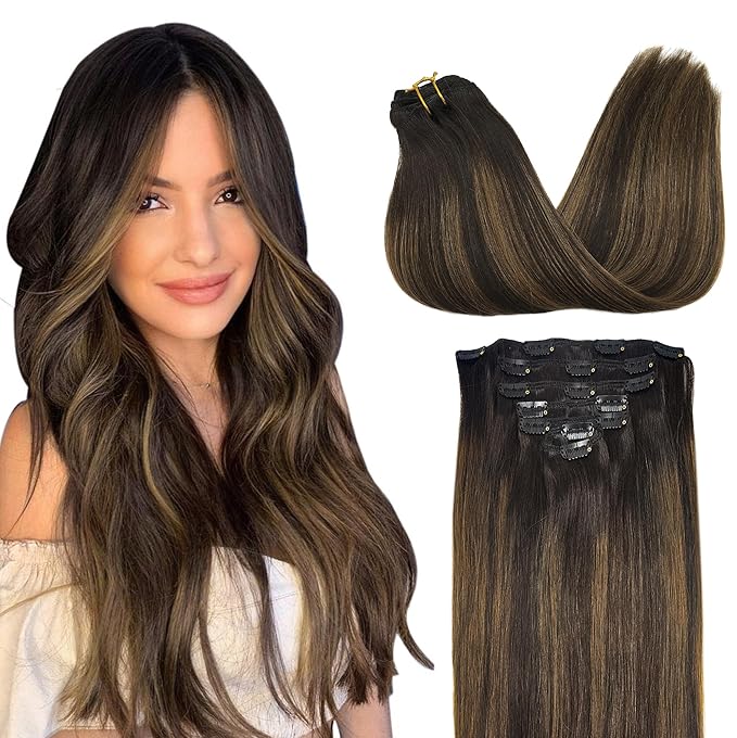 GOO GOO Clip in Hair Extensions Real Human Hair, Remy Human Hair Extensions Clip ins for Women, Natural Human Hair, 18inch 120g 7Pcs, 2/6/2 Balayage Dark Brown to Chestnut Brown
