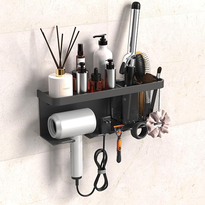Hair Dryer Holder Wall Mounted Adhesive/Drilling, Hair Dryer Storage Organizer with Shelf & Hooks for Bathroom, Blow Dryer Holder, Hair Tool Organizer (Grey)