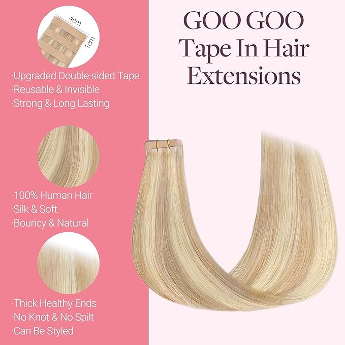 GOO GOO Tape in Hair Extensions Human Hair, 18F/60A Balayage Light Wheat Platinum Blonde, 20inch 50g 20pcs, Skin Weft Seamless Invisible, Silky Straight with Thick Ends, Remy Human Hair