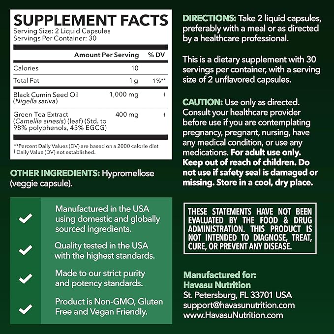 Cold Pressed Black Seed Oil Liquid Capsules with Green Tea Extract for Energy and Digestive Health Support - 60 Count - Nigella Sativa Supplement - Unflavored, Vegan, Non-GMO - 1 Month Supply