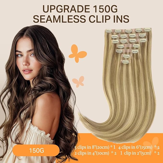 DOORES Seamless Clip-in Hair Extensions, Light Blonde Highlighted Golden Blonde 130g 9pcs 14 Inch, Invisible Edge Virgin Human Hair Extensions