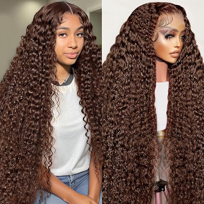 200% Density Chocolate Brown 13x6 Deep Wave Lace Front Wigs Human Hair Curly Wig HD Lace Front Wigs Human Hair Pre Plucked Frontal Wigs Human Hair Glueless Wig For Women (28 Inch)