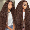 200% Density Chocolate Brown 13x6 Deep Wave Lace Front Wigs Human Hair Curly Wig HD Lace Front Wigs Human Hair Pre Plucked Frontal Wigs Human Hair Glueless Wig For Women (28 Inch)