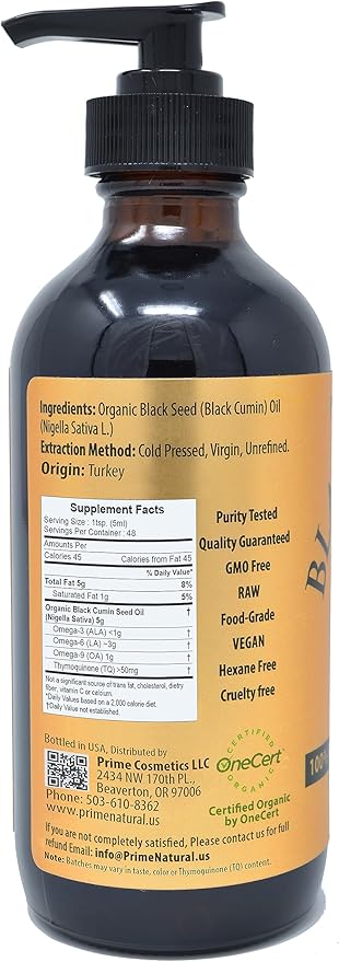 PRIME NATURAL Organic Black Seed Oil 8oz | Cold Pressed Unrefined High Thymoquinone 1.7% USDA Certified | Turkish Origin Potent Pure Nigella Sativa Liquid | Vegan Omega 3 6 9, Antioxidant