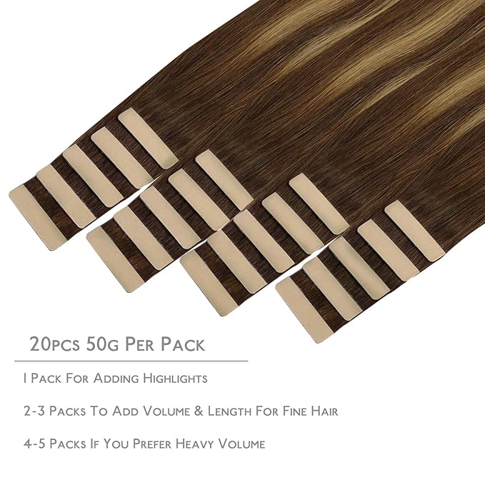 WENNALIFE Tape in Hair Extensions Human Hair, 20pcs 50g 18 inch Balayage Chocolate Brown to Caramel Blonde Remy Hair Extensions Straight Human Hair Tape in Extensions Skin Weft Tape Extensions