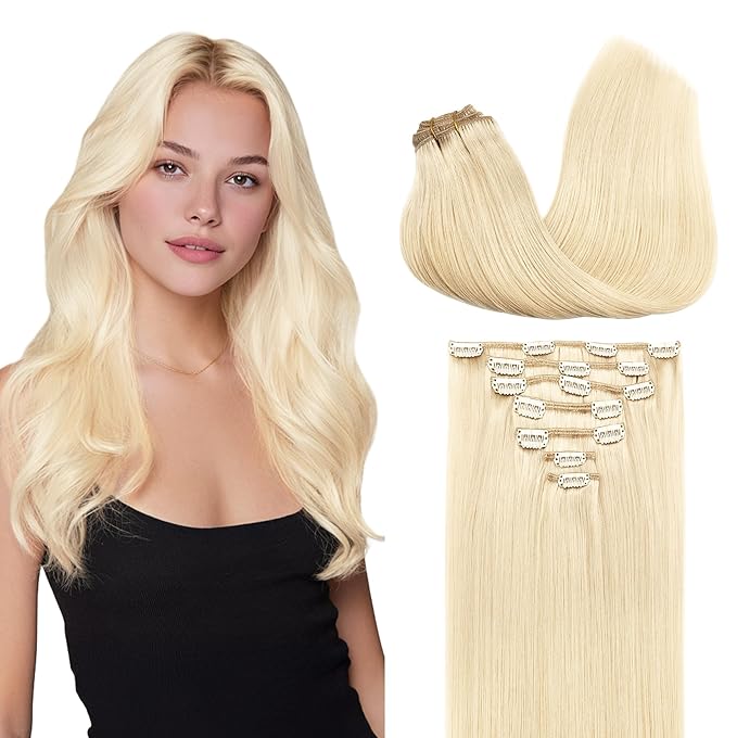GOO GOO Clip in Hair Extensions Real Human Hair, Remy Human Hair Extensions Clip ins for Women, Natural Human Hair, 18inch 120g 7Pcs, 613R Bleach Blonde