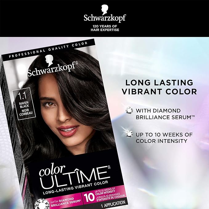 Schwarzkopf Color Ultime 1.1 Raven Black Hair Dye, Permanent Intense Black with Diamond Brilliance, Fade-Resistant, Covers Grays, All Hair Textures