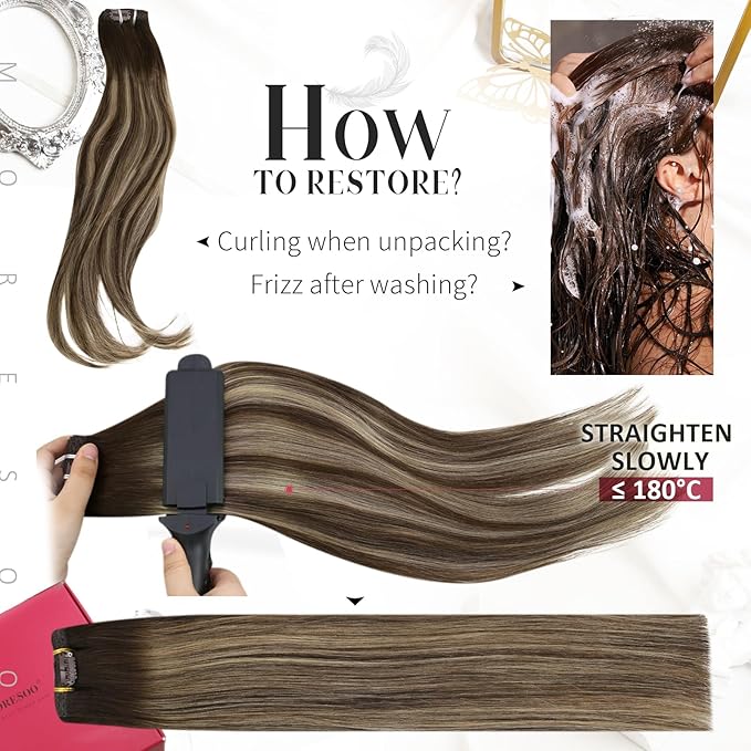 Moresoo Clip in Hair Extensions Balayage Brown Remy Human Hair Clip in Extensions Dark Brown Mixed with Caramel Blonde 7Pcs/120G 20inch