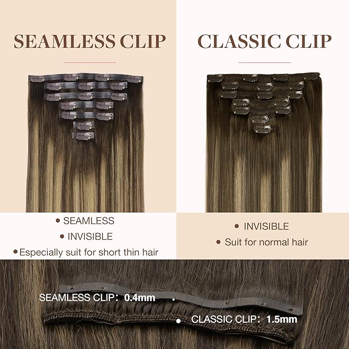 GOO GOO Clip in Hair Extensions Real Human Hair, Remy Human Hair Extensions Clip ins for Women, Natural Human Hair, 24inch 120g 7Pcs, 4/27/4 Balayage Chocolate Brown to Caramel Blonde