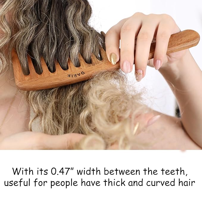 Wide Tooth Wooden Comb Handmade - Natural Vintage Style Wide Tooth Comb for Curls Gentle Styling - Anti-Static Wood Hair Combs For Women Detangling (Extra Wide Tooth)