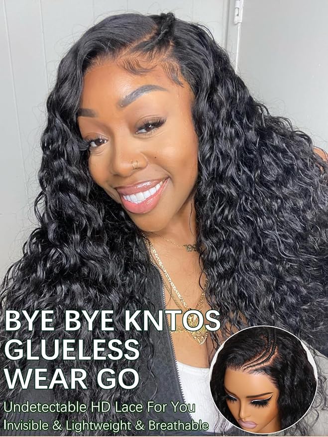 KLAIYI Bye Bye Knots Glueless Wig Pre Cut Water Wave HD Lace Front Wigs Human Hair Pre Bleached Pre Plucked Ready to Go Wigs for Women 30S Easy to Wear Put On and Go Curly Wig Beginner Friendly 14Inch