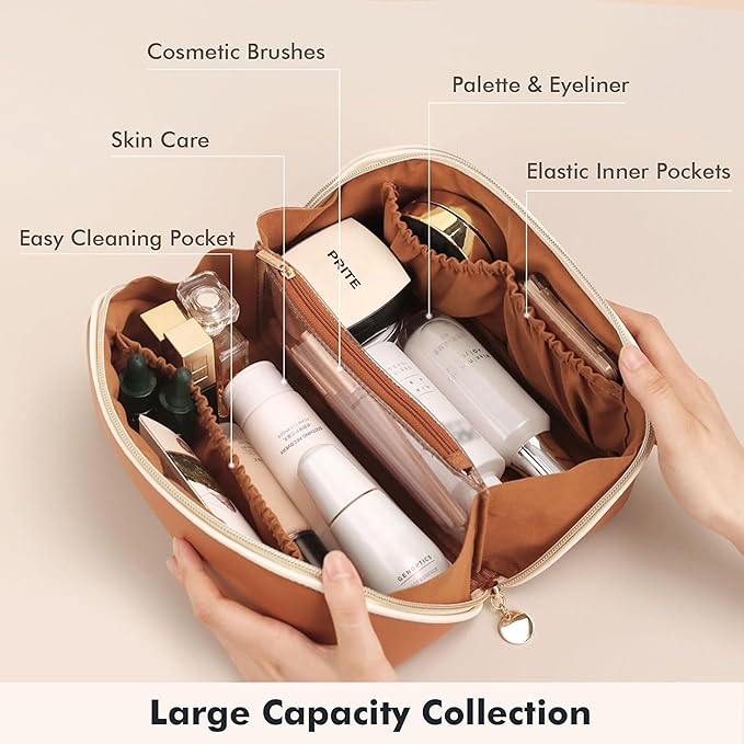 Prite Makeup Bag for Women Travel Waterproof Vegan Leather Cosmetic Bag Open Flat Toiletry Bag With Clear Divider and Handle (Brown)