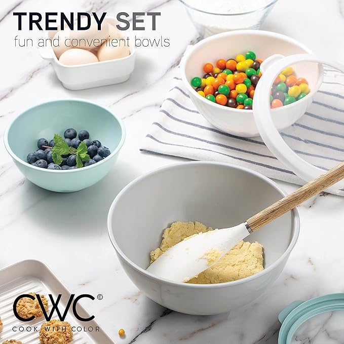 COOK WITH COLOR Mixing Bowls with TPR Lids - 12 Piece Plastic Nesting Bowls Set includes 6 Prep Bowls and 6 Lids, Microwave Safe Mixing Bowl Set (Mint)