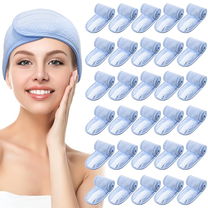 Hoteam 30 Pack Spa Headband Facial Esthetician Hair Wrap for Women Adjustable Makeup Sports Shower Stretch Towel with Tape(Blue)