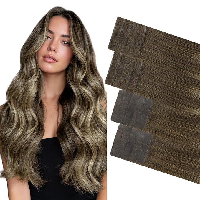 GOO GOO Invisi Edge Tape in Hair Extensions Human Hair, 4/26/4 Balayage Chocolate Brown to Honey Blonde 10pcs injected with 10pcs classical tape ins, 14inch 50g, Virgin Remy Hair, Natural Look