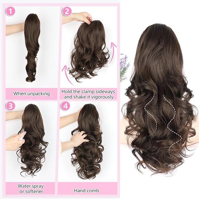 ALXNAN Claw Long Wavy Ponytail Extension,18 Inch Curly Pony Tail Clip in Hair Extensions for Women,Dark Chocolate Brown Clip on Pony Tails Hair Extensions