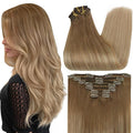 Full Shine Human Hair Extensions Clip ins Ombre 14 Inch Golden Brown To Golden Blonde Clip in Short Hair Extensions for Women 7 Pcs 120 G