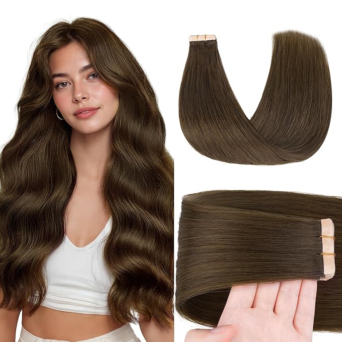 GOO GOO Tape in Hair Extensions Human Hair, #4H Light Chocolate Brown, 16inch 50g 20pcs, Skin Weft Seamless Invisible, Silky Straight with Thick Ends, Remy Human Hair