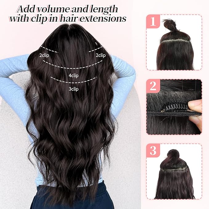 KooKaStyle Clip in Synthetic Hair Extensions Long Wavy 4PCS Thick Hairpieces Grey Sliver Mixed Fiber Double Weft Natural Hair Extensions 20 Inch for Women