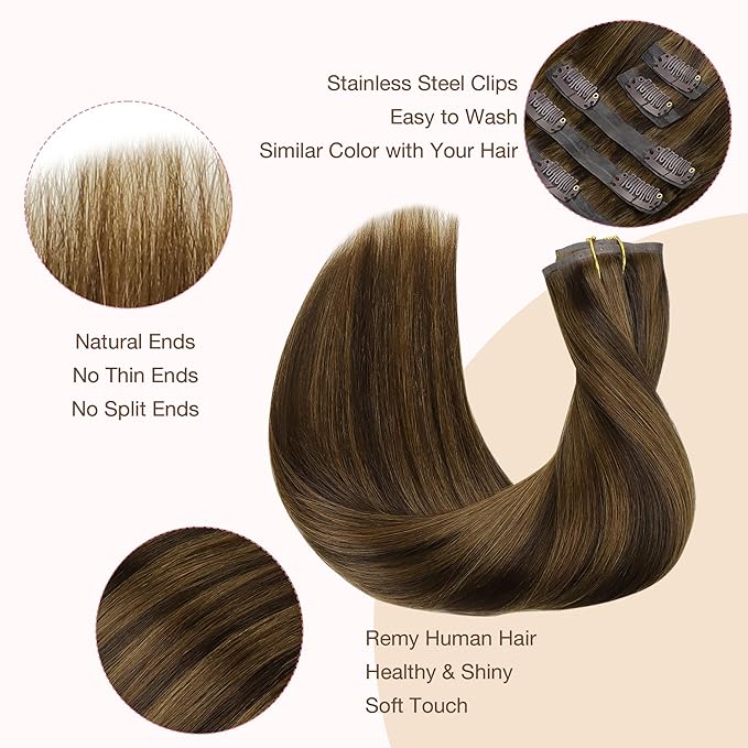 GOO GOO Clip in Hair Extensions Real Human Hair, Remy Human Hair Extensions Clip ins for Women, Natural Human Hair, 14inch 110g 7Pcs, 2C/4E/6C Brown Sugar Swirl Highlights
