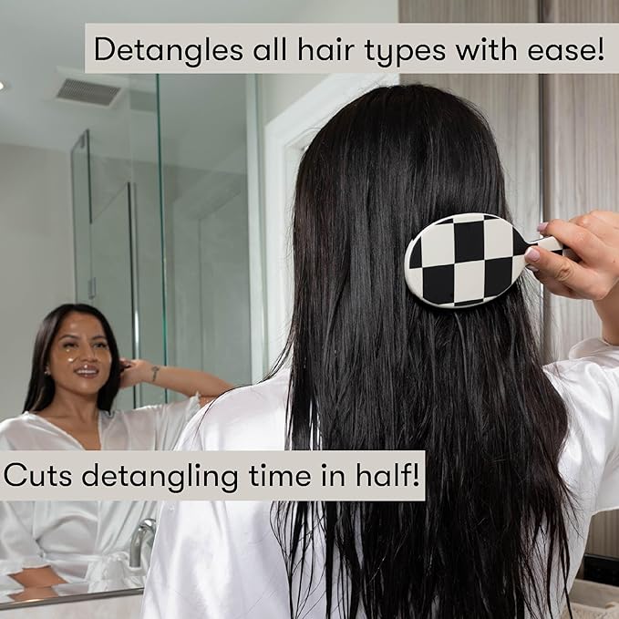 FRAMAR Checkered Print Hair Brush Detangler – Wet Hair Brushes For Women, Womens Hair Brush, Black and White Checkered Hair Accessories, Hairbrush For Women, Cepillos Para Cabello – Detangle Brush