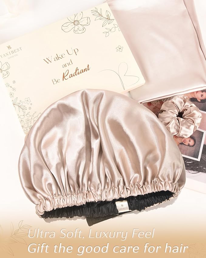 YANIBEST Adjustable Satin Bonnet Double Layer Hair Bonnet for Sleeping Bonnets for Women Hats Curly Natural Hair, Champagne