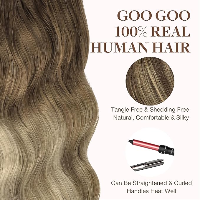 GOO GOO Tape in Hair Extensions Human Hair, 4/18 Balayage Chocolate Brown Highlighted Dirty Blonde, 14inch 100g 40pcs, Skin Weft Seamless Invisible, Silky Straight with Thick Ends, Remy Human Hair