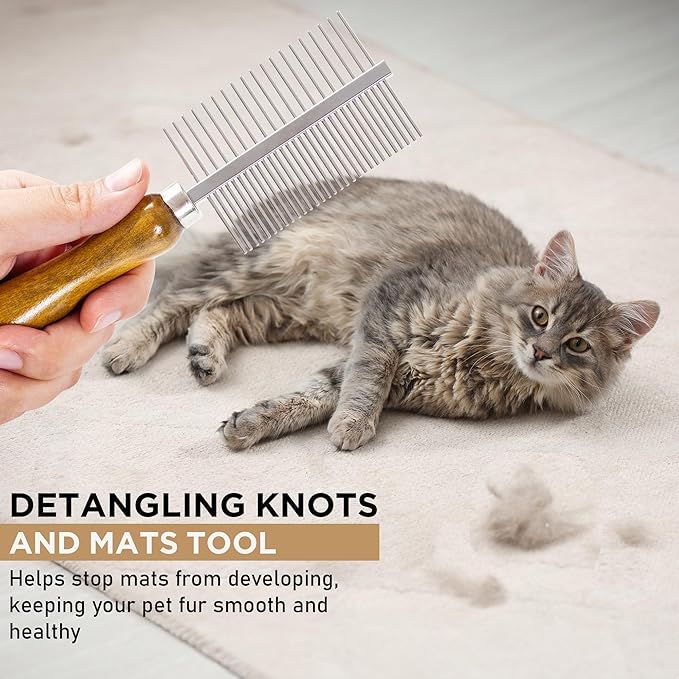 Takavu Double-Sided Metal Pet Comb for Dogs & Cats - Stainless Steel Teeth for Detangling, Removing Loose Hair & Flea Check - Grooming Tool