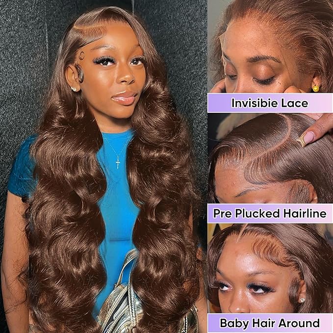 30 Inch Chocolate Brown Lace Front Wig 200 Density 13x6 HD Body Wave Human Hair Wig for Women with Baby Hair