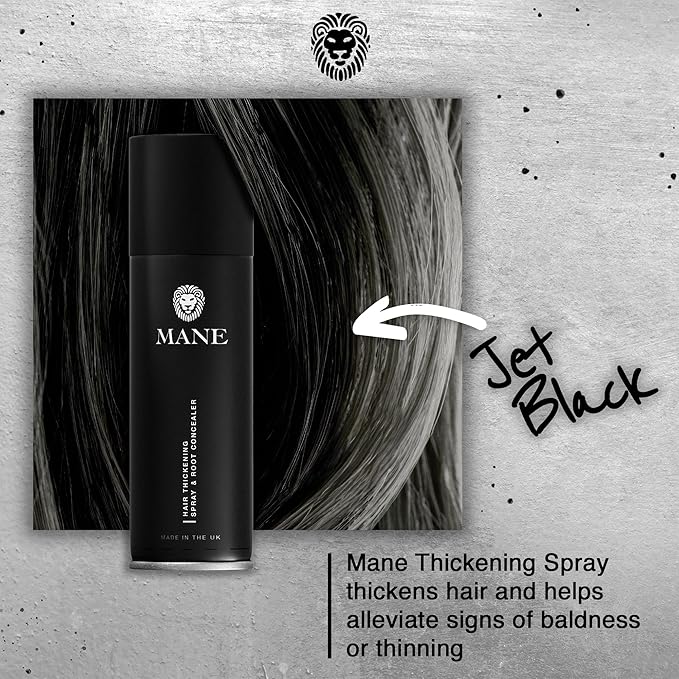 MANE Hair Thickening Spray & Root Touch Up, Instantly Thicker Hair for Men & Women, Fill in Hairlines and Hide Thinning and Fine Patches - Jet Black, 12 Colors (6.76 oz)