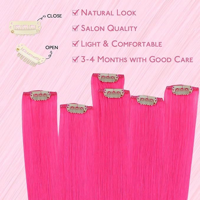 WENNALIFE Hot Pink Clip in Hair Extensions Real Human Hair 35g 6pcs 16 Inch Colored Hair Extensions for Kids Women Colorful Hair Pieces Pop-up Style Straight Extensiones De Cabello Humano Con Clip