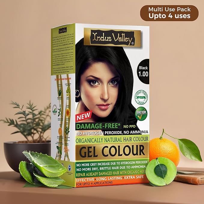 Indus Valley Organic Damage Free Gel Hair Color | Gray Coverage of Resistant Gray Hairs - Ammonia-Free & Vegan - Salon Influenced Hair Dye | Permanent Hair Dye For Women, Black 1.0, 8.45 fl. oz.