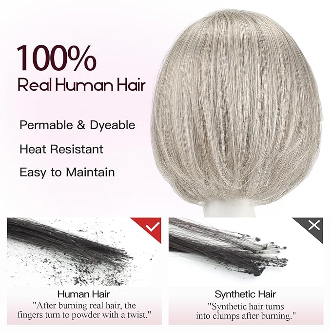 EMMOR Human Hair Toppers for Women Short Bob Real Hair with Bangs 10" Side Part Hairpieces for Women with Thin Hair 6.5" × 6.5" Larger Base Human Wig Toppers(Gray)