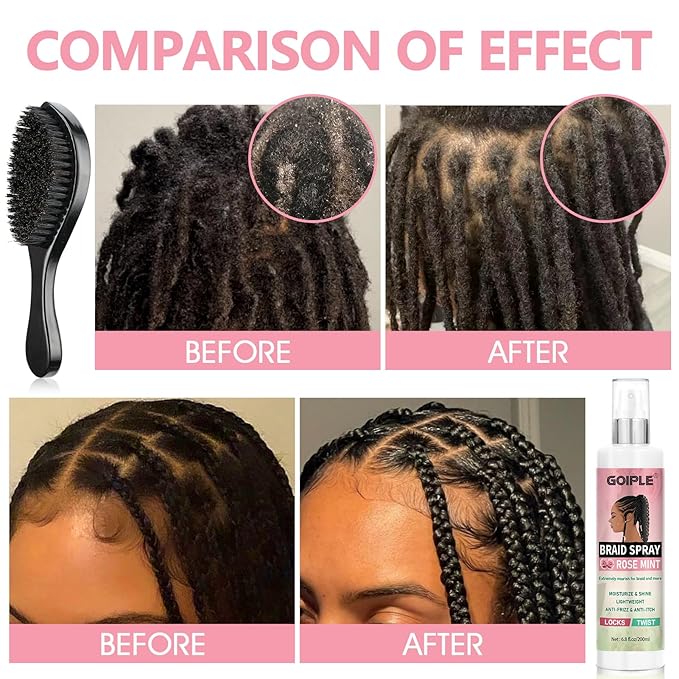 Braid Spray Rose Water for Dreads, Dreadlocks, Locks Spray Rose Water for Itchy Scalp, Shine&Bightweight for Dull Hair Twists, Cornrows, Box Braids Moisturizer Loc Moisturizer Braid Bristle Hair Brush