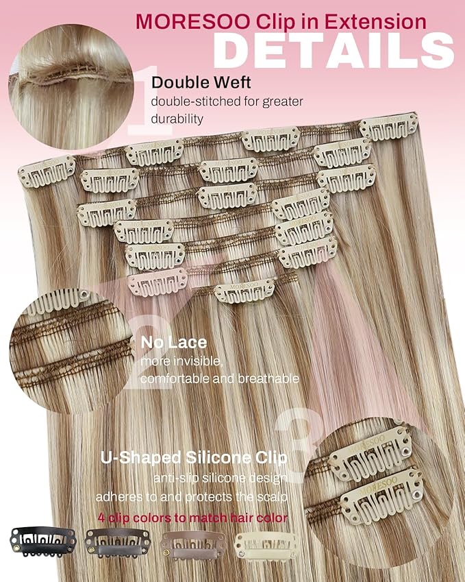 Moresoo Clip in Hair Extensions Blonde Highlight Straight Real Hair Extensions Clip in Human Hair Light Brown with Blonde for Party Women Full Head 7pcs 120g 18inch