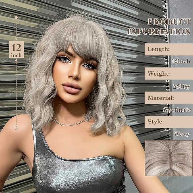 MISSQUEEN Ash Blonde Wavy Wig with Bangs Short Grey Blonde Wavy Bob Wig for Women Colorful Synthetic Heat Resistant Fiber Wigs for Daily Cosplay Costume Party Christmas Holiday Used (12inch)