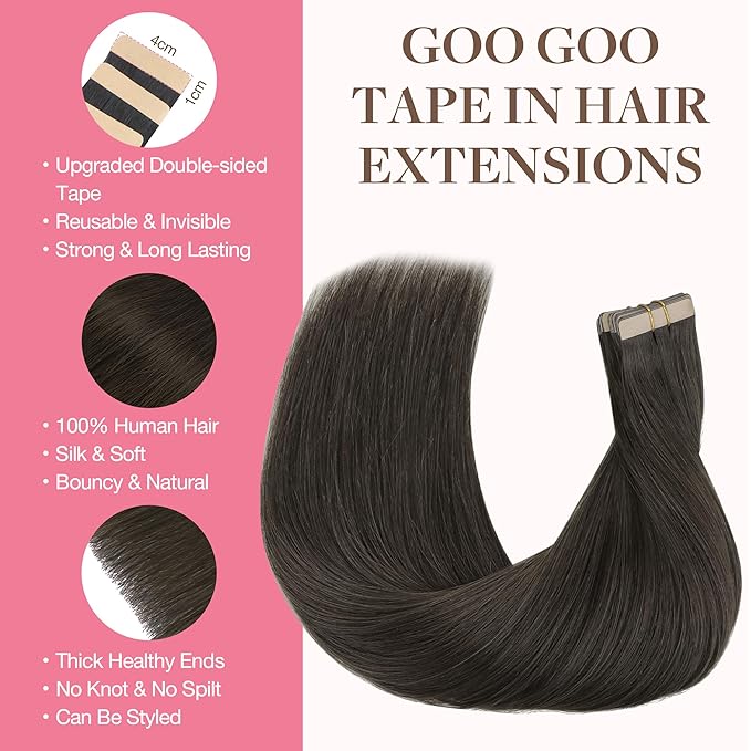 GOO GOO Tape in Hair Extensions Human Hair, 1C Mocha Brown, 22inch 100g 40pcs, Skin Weft Seamless Invisible, Silky Straight with Thick Ends, Remy Human Hair
